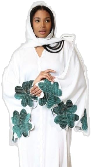 White and Green Beaded Clover Abaya Set