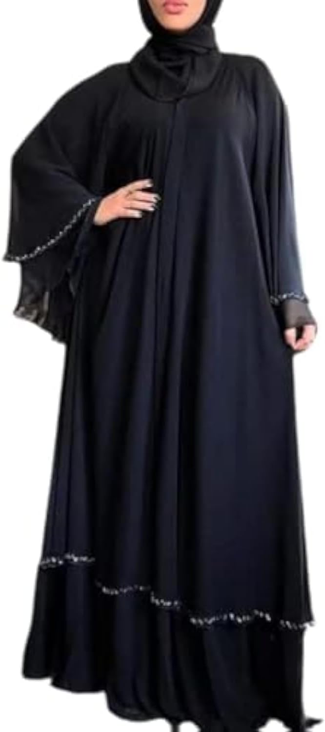 Black Chiffon Abaya with White Borders Long Maxi Dress