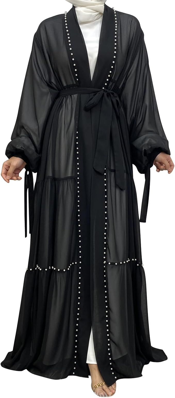 Pearls Tiered Chiffon Dress Cardigan with Belt Dubai Kaftan