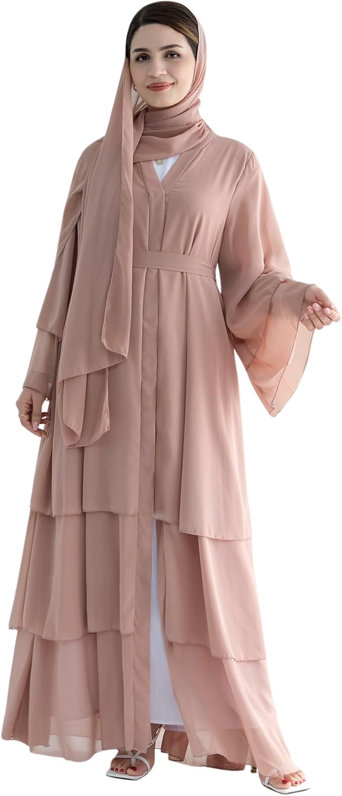 Women Muslim Abaya Dress 3-Layer Chiffon Light Flowing Cardigan Dress