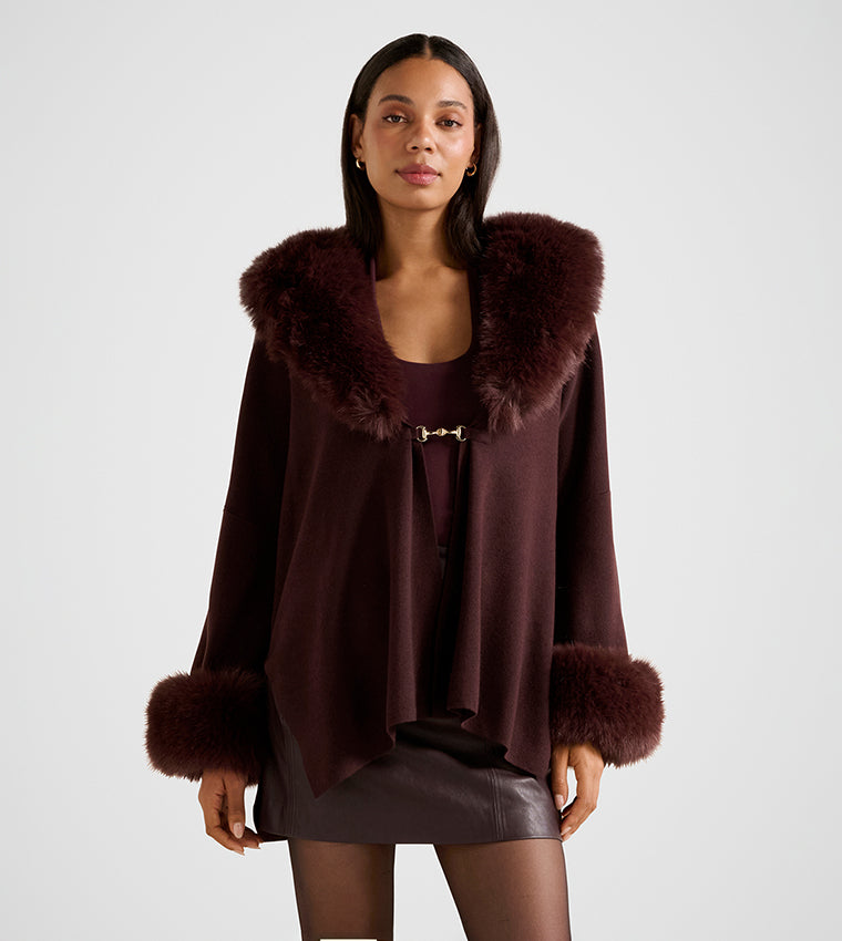 Forever New ALIA Faux Fur Trim Knit Cape