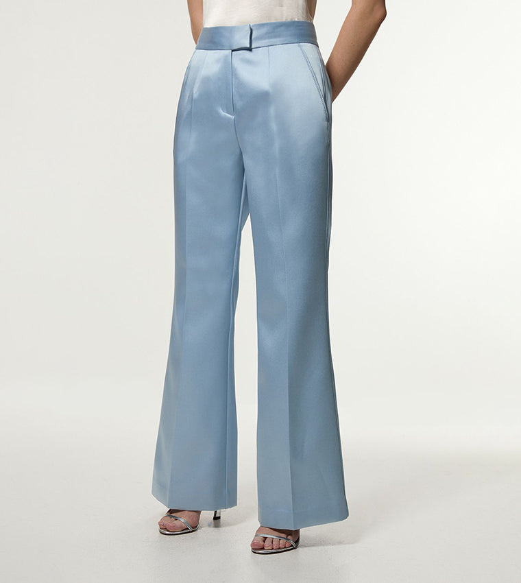 Karen Millen Structured Viscose Satin Stitch Detail Tailored Kick Flared Trousers
