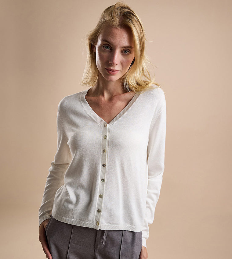 R&B Solid V-Neck Cardigan with Button Closure