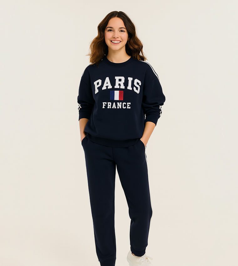 Victor and Jane Embroidered Crew Neck Sweatsuit Set