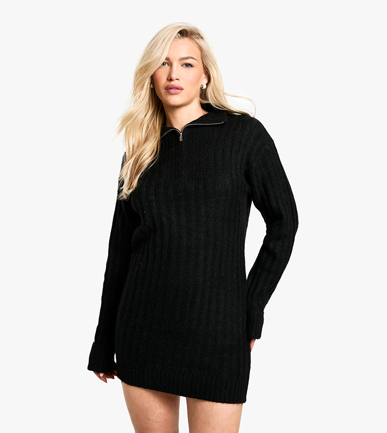 boohoo  Follow Soft Knit Ribbed Zipper Neck Oversized Mini Dress