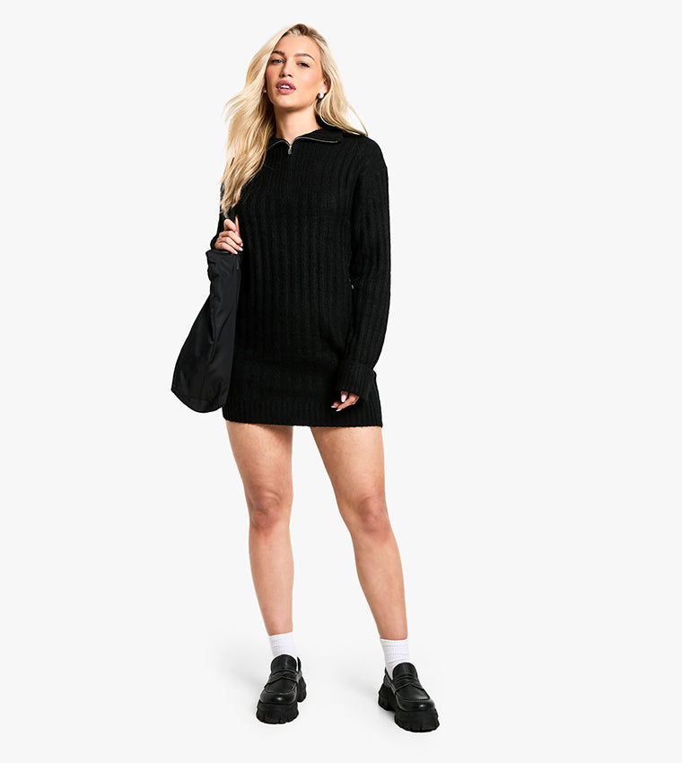 boohoo  Follow Soft Knit Ribbed Zipper Neck Oversized Mini Dress